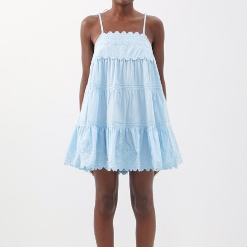 Juliet Dunn Light Blue Tiered Eyelet Mini Dress